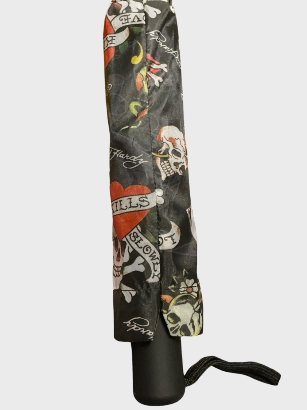 Ed Hardy Compact Umbrella Skull Heart Tattoo Auto Open NWT